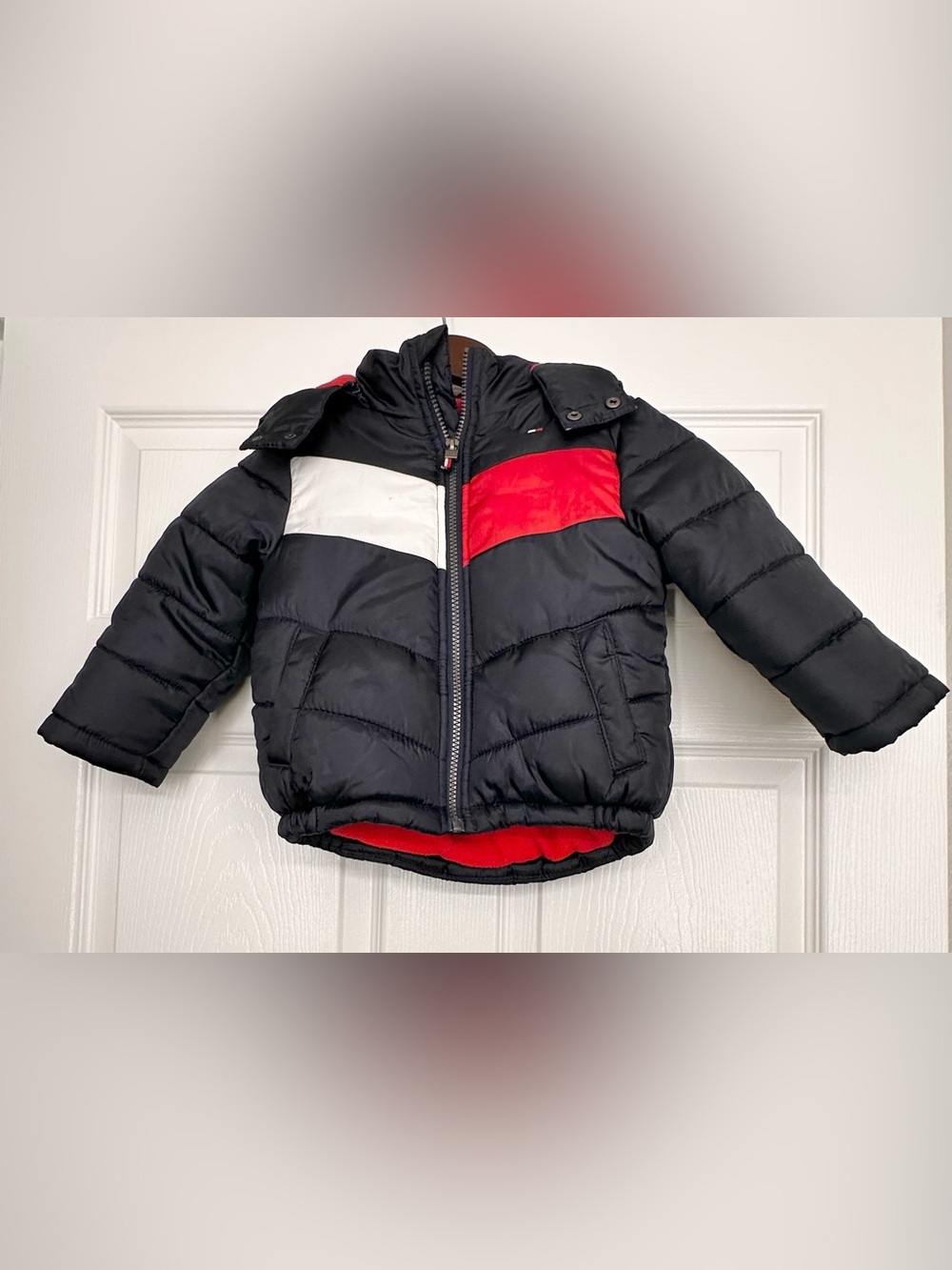 Tommy Hilfiger Black Puffer Jacket with Red & White Panels